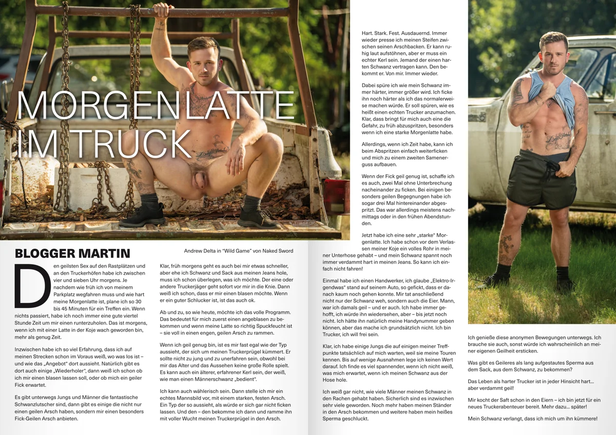 Adult magazine editorial spread with headline, columns and photography