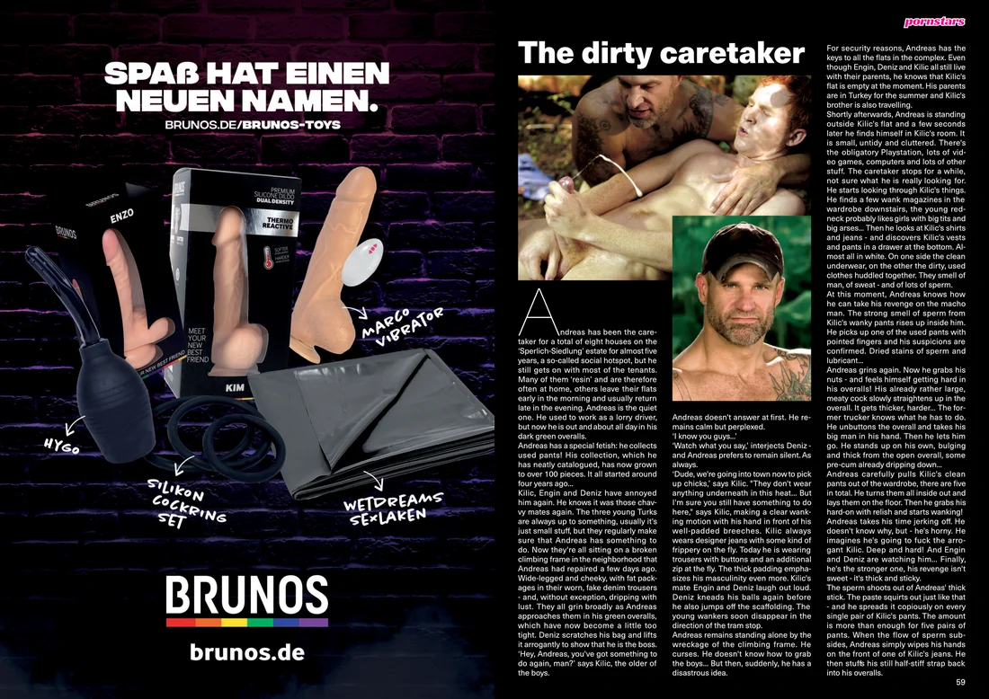 Pornstars magazine spread showing advertising composition, story typography and multi-column layout