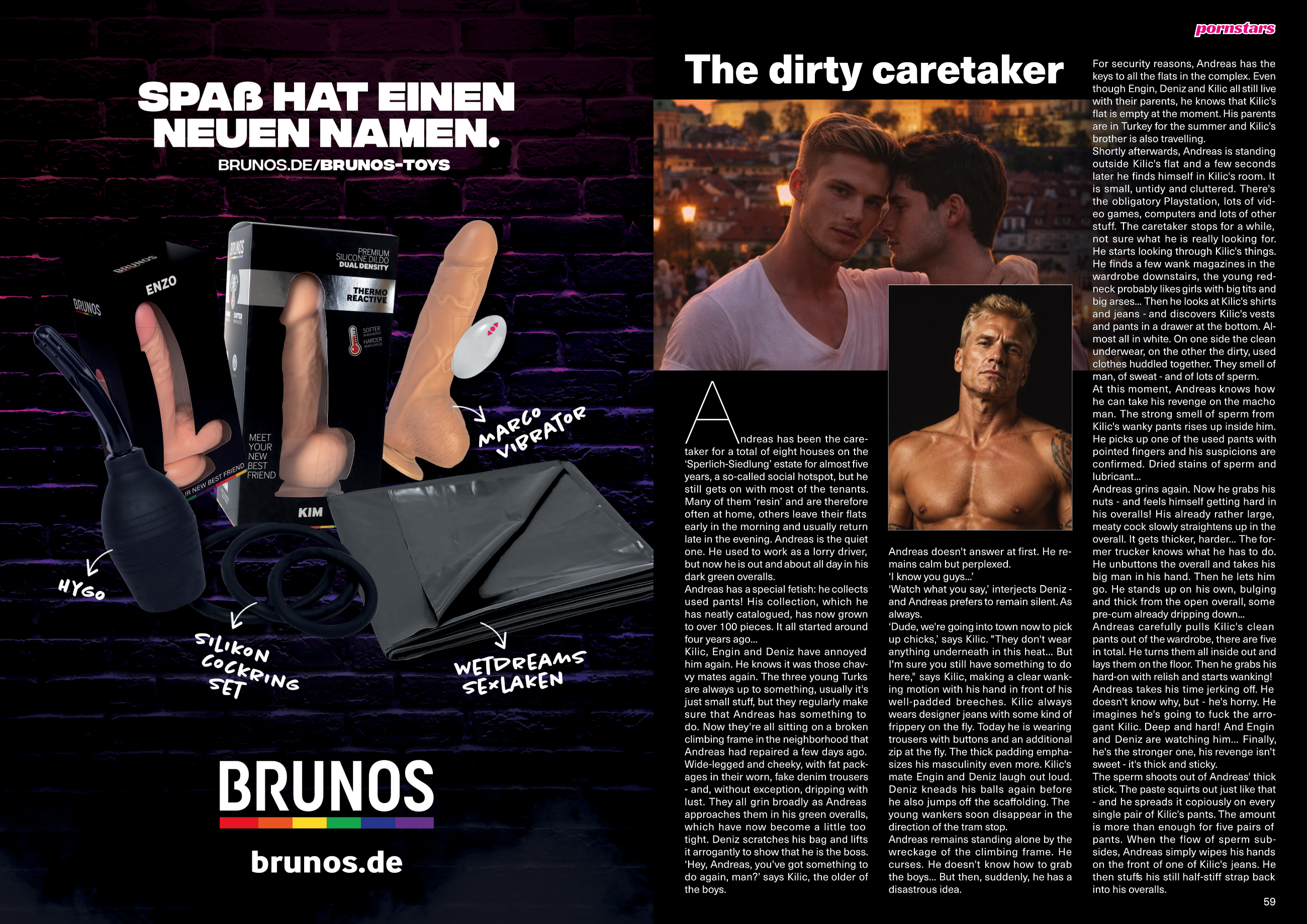 Pornstars magazine spread showing advertising composition, story typography and multi-column layout